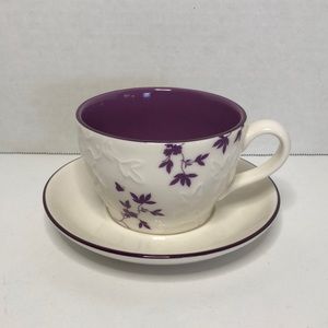 2006 Starbucks Purple Floral Embossed Leaves Tea Cup and Saucer